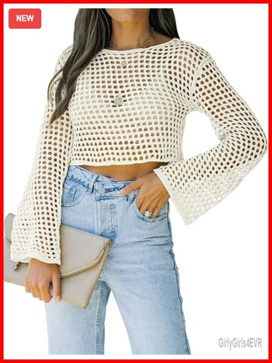 Tops - Fishnet Crochet Crop Top Long Sleeve Mesh Cover Up